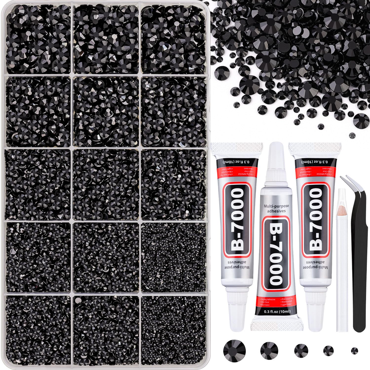 Piedras de resina negra de TINKRSTUFF en caja con rejillas para manualidades.