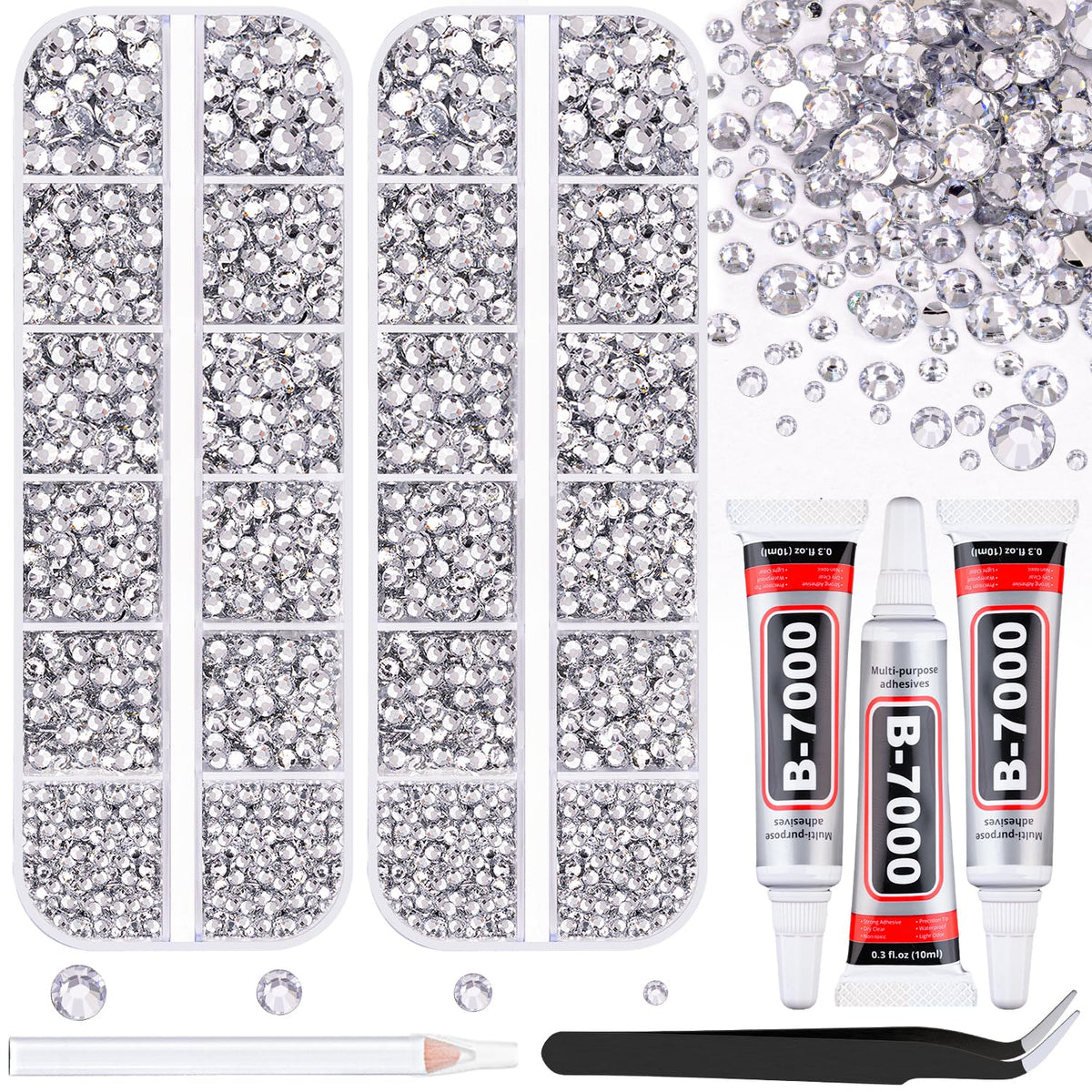 TINKRSTUFF rhinestones kit with two boxes and 12 grid sizes for versatile embellishments.