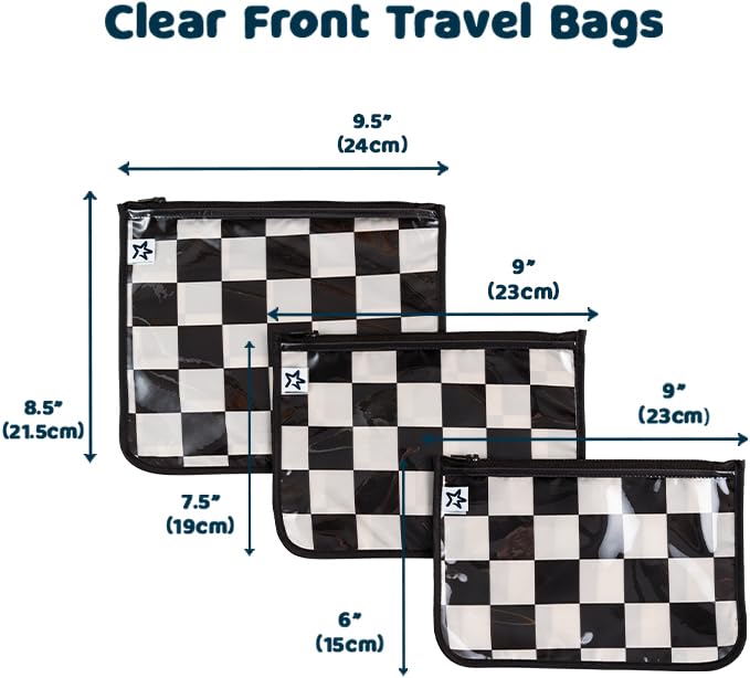 Three pack pouches with clear fronts keeps diapers and wipes organized on the go.