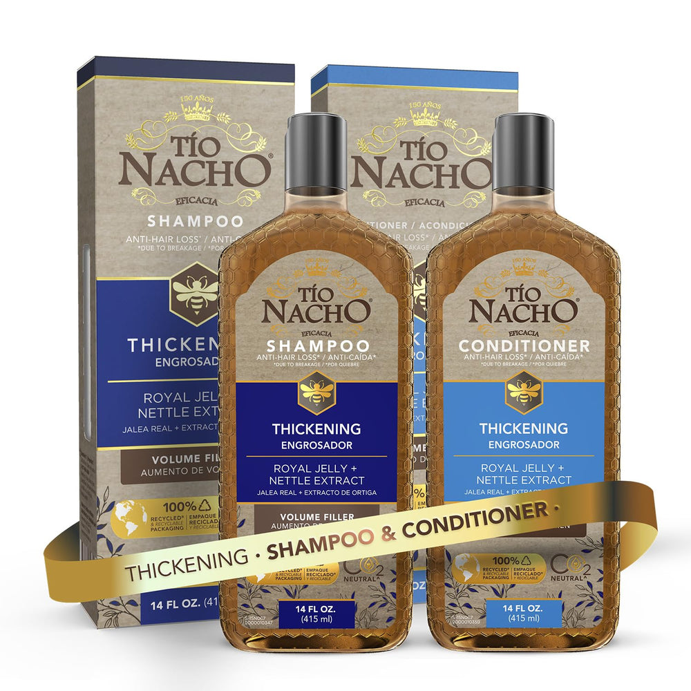 Champú engrosador de Tio Nacho en botella, aporta volumen para cabello fino.