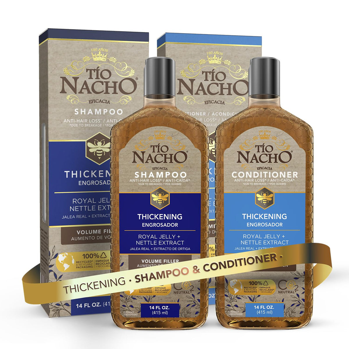 Champú engrosador de Tio Nacho en botella, aporta volumen para cabello fino.