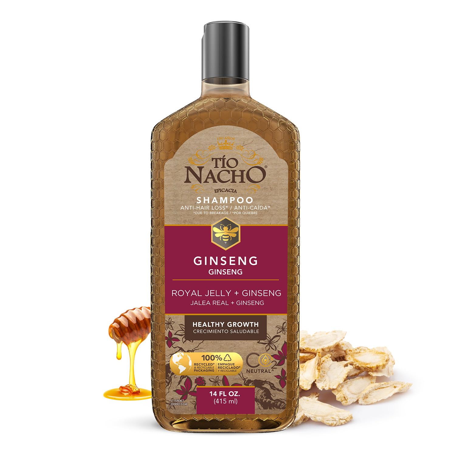 Tío Nacho Ginseng Shampoo, botella, promueve fortalecimiento y brillo suave desde la raíz.