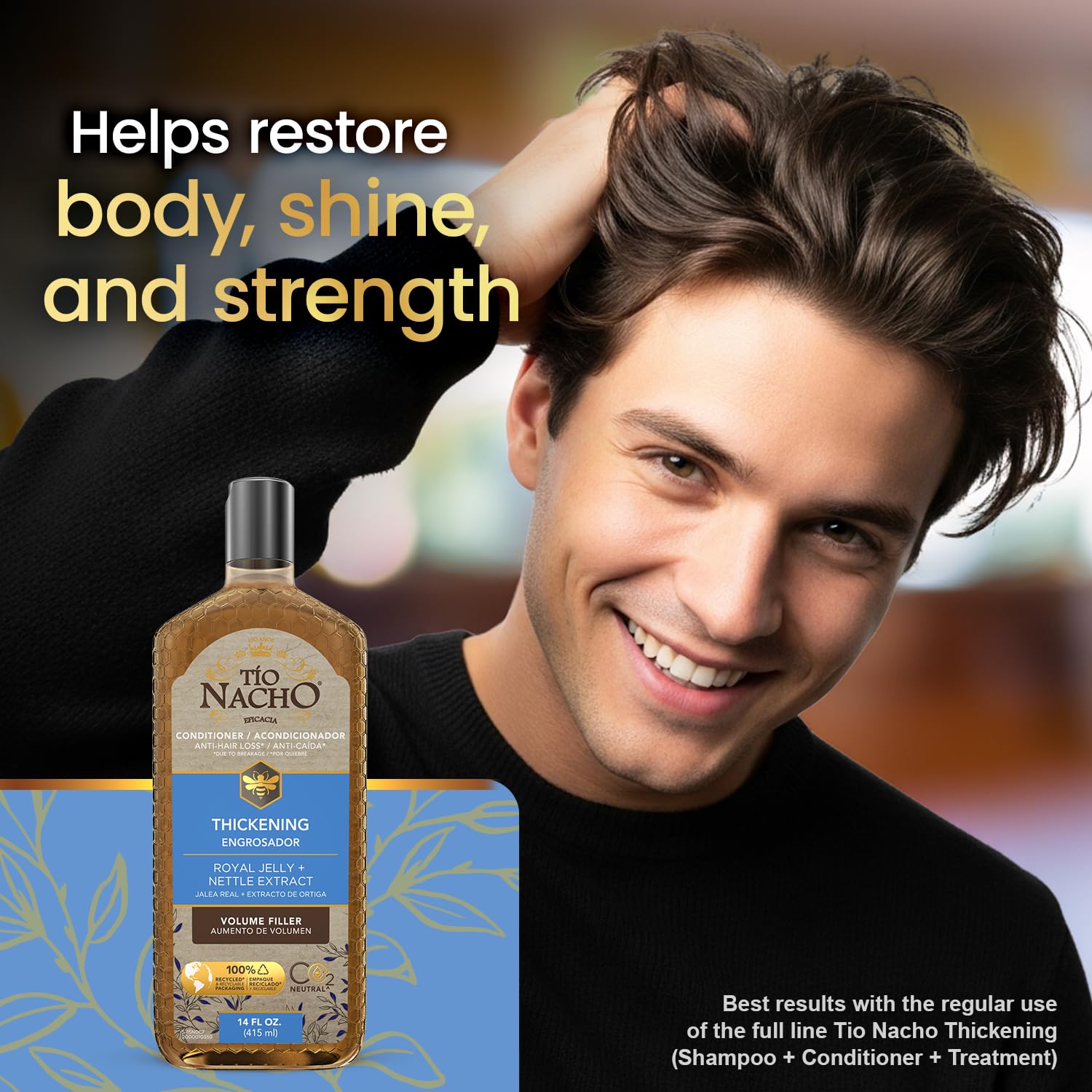 Tio Nacho Thickening Conditioner in shower demonstrates easy application for thinning hair