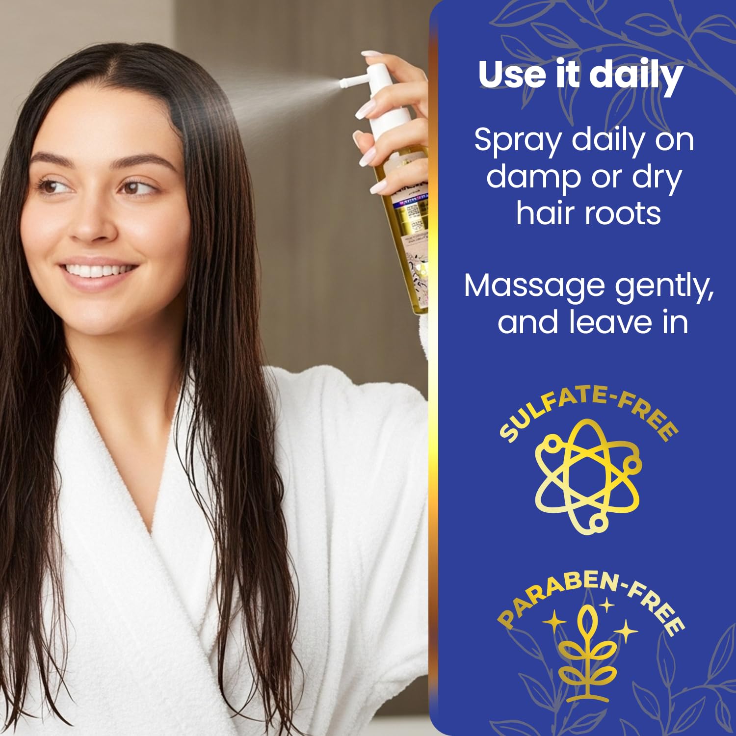 Hands applying spray at roots for easy daily styling