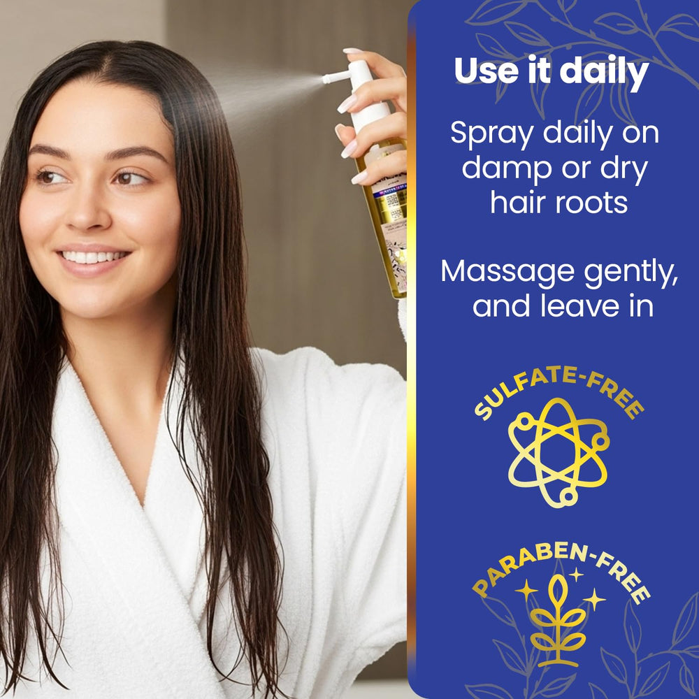 Hands applying spray at roots for easy daily styling