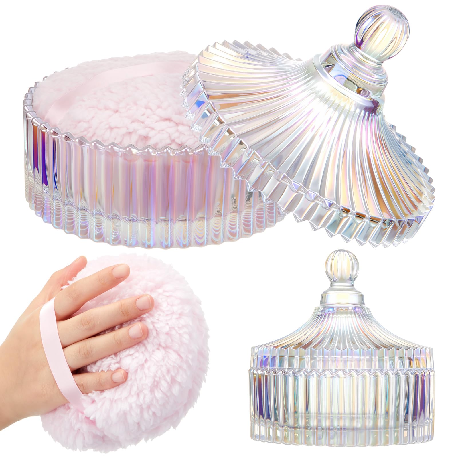 Tioncy large dusting puff beside the glass container for smooth body powder application