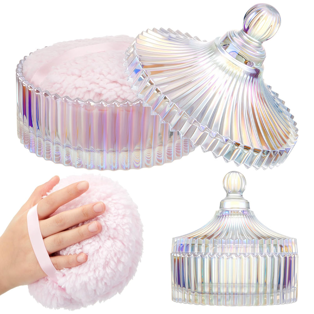 Tioncy large dusting puff beside the glass container for smooth body powder application
