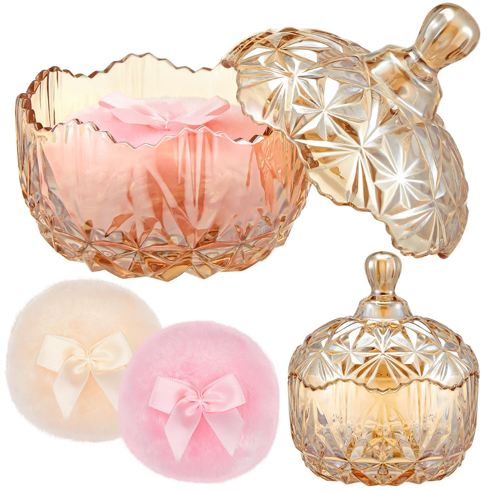 Tioncy glass puff container with amber accents for elegant makeup storage.