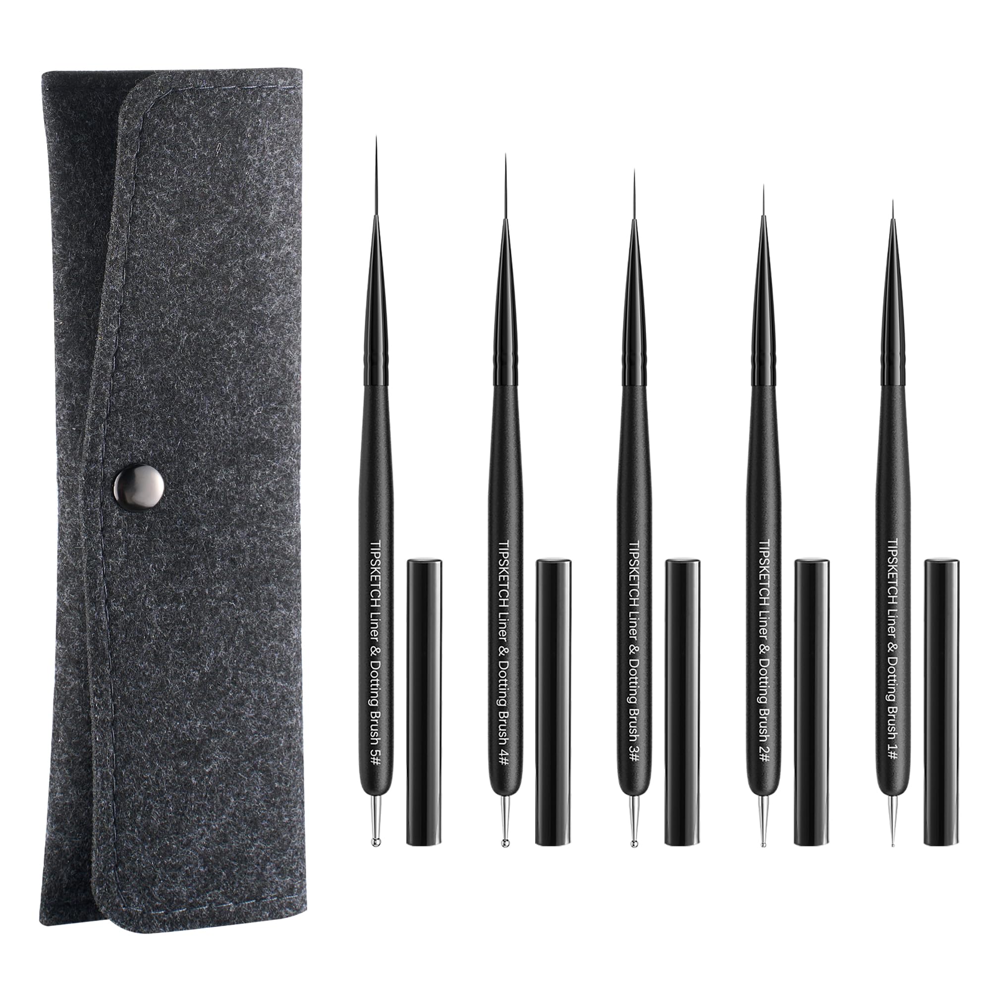 Tipsketch Nail Art Liner Brush set with cap and bag for organized storage.
