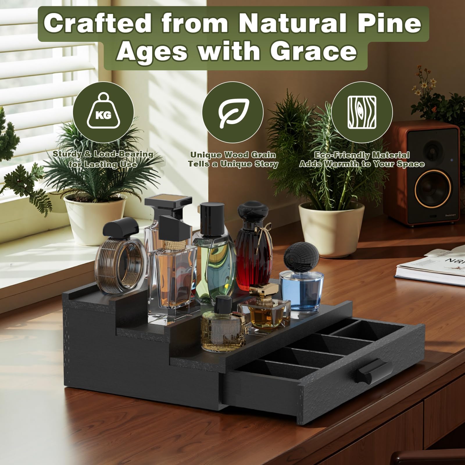 TIRYIUOU desktop cologne holder with cabinet keeps bottles secure and dust-free.
