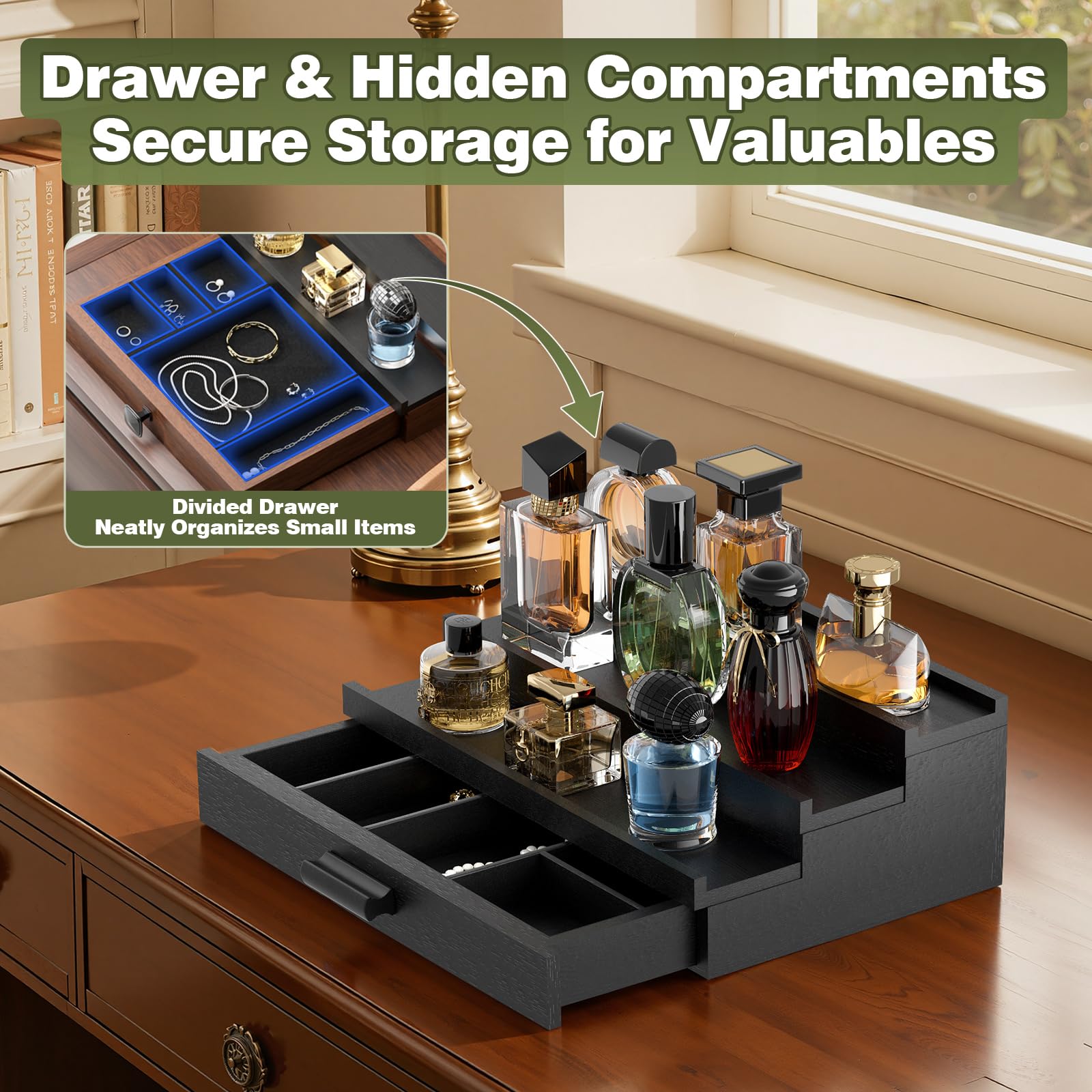 TIRYIUOU velvet-lined drawer protects valuables and adds a premium feel.