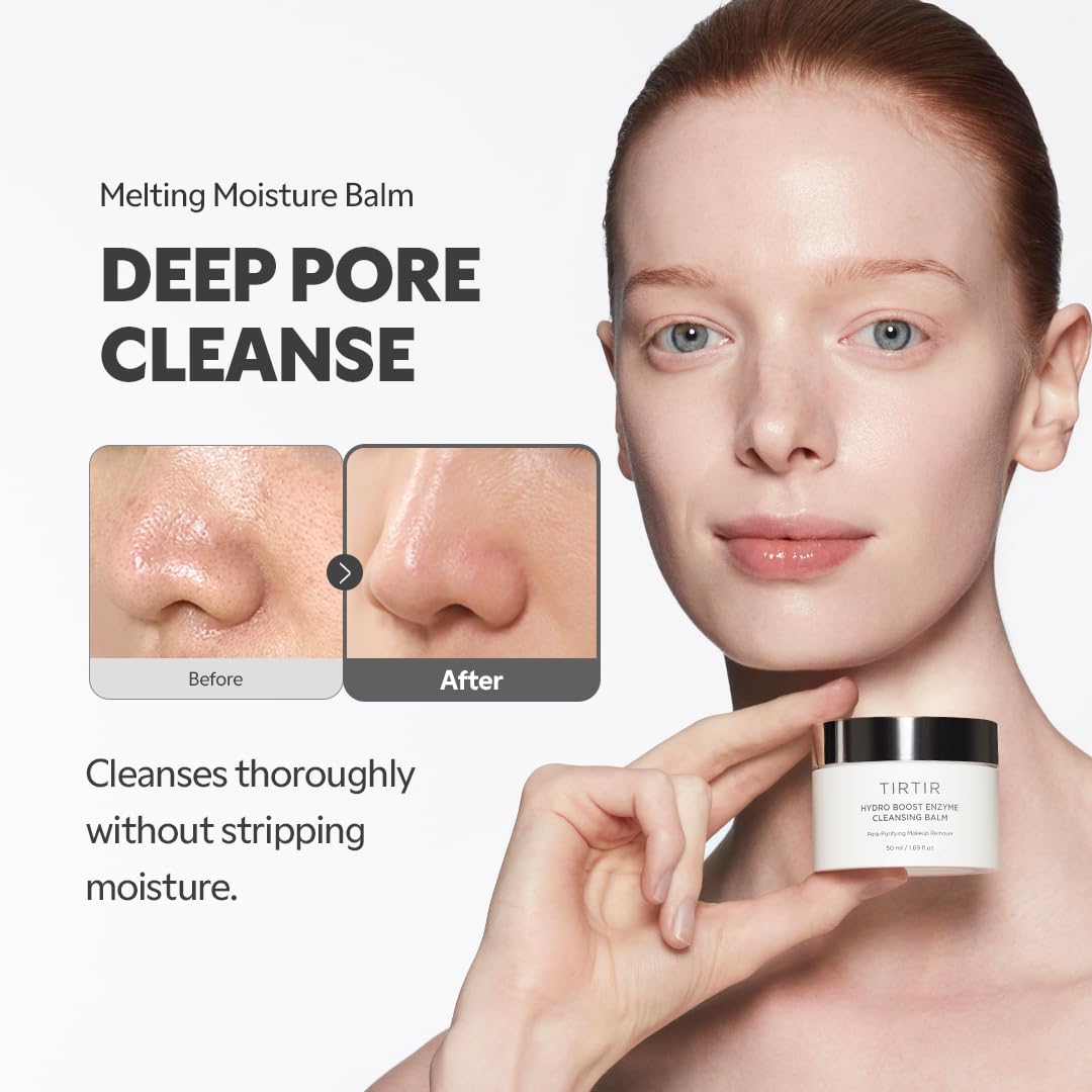 TIRTIR Hydro Boost balm on hands during massage illustrates cleansing ritual