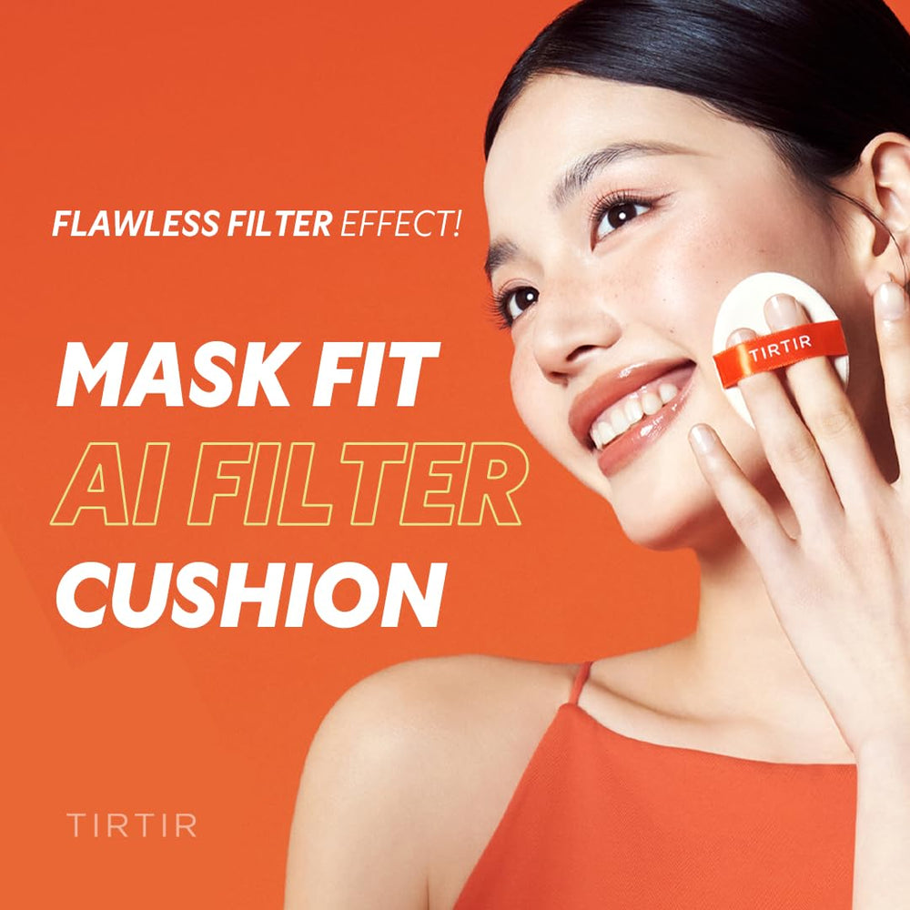 TIRTIR Mask Fit AI Filter Cushion packaging shown on vanity for daily use.