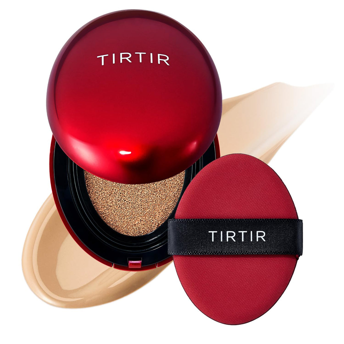 TIRTIR Mask Fit Red Cushion compact close-up showing 27N Camel shade for even coverage.