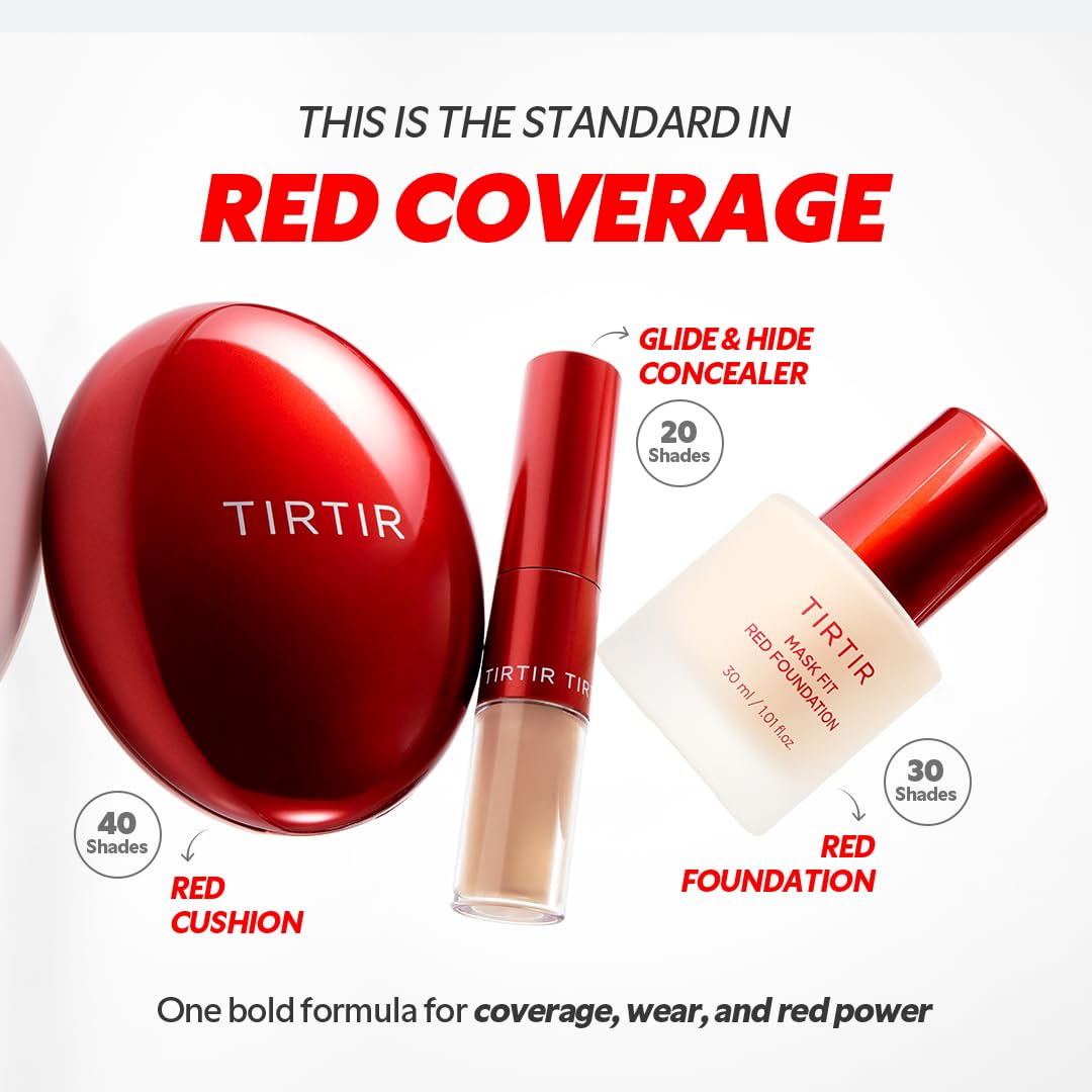 TIRTIR Mask Fit Red Foundation compact packaging with shade swatches.