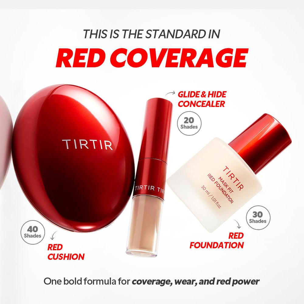 TIRTIR Mask Fit Red Foundation compact packaging with shade swatches.