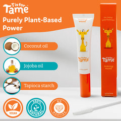 T is for Tame baby hair stick with vanilla scent for pleasant styling.