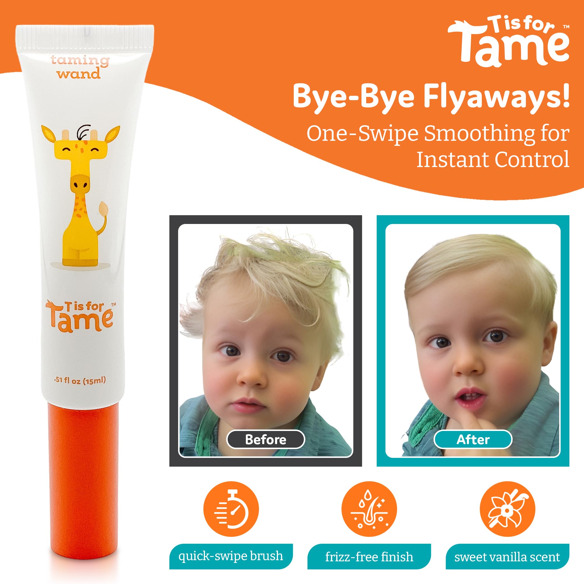 T is for Tame hair taming wand reduces frizz for neat kids' hairstyles.