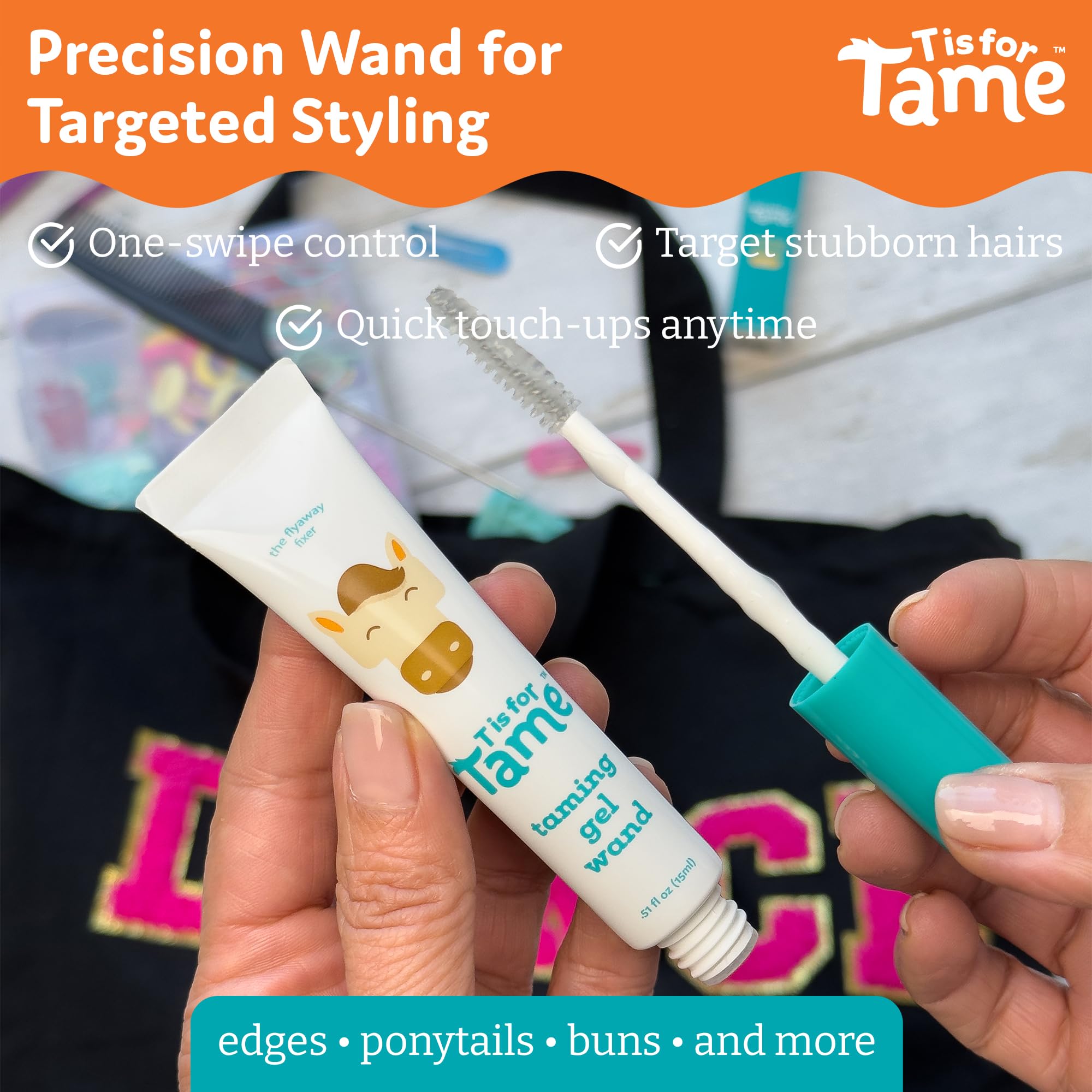 T is for Tame Taming Gel Wand tames baby hairs gently for all ages.
