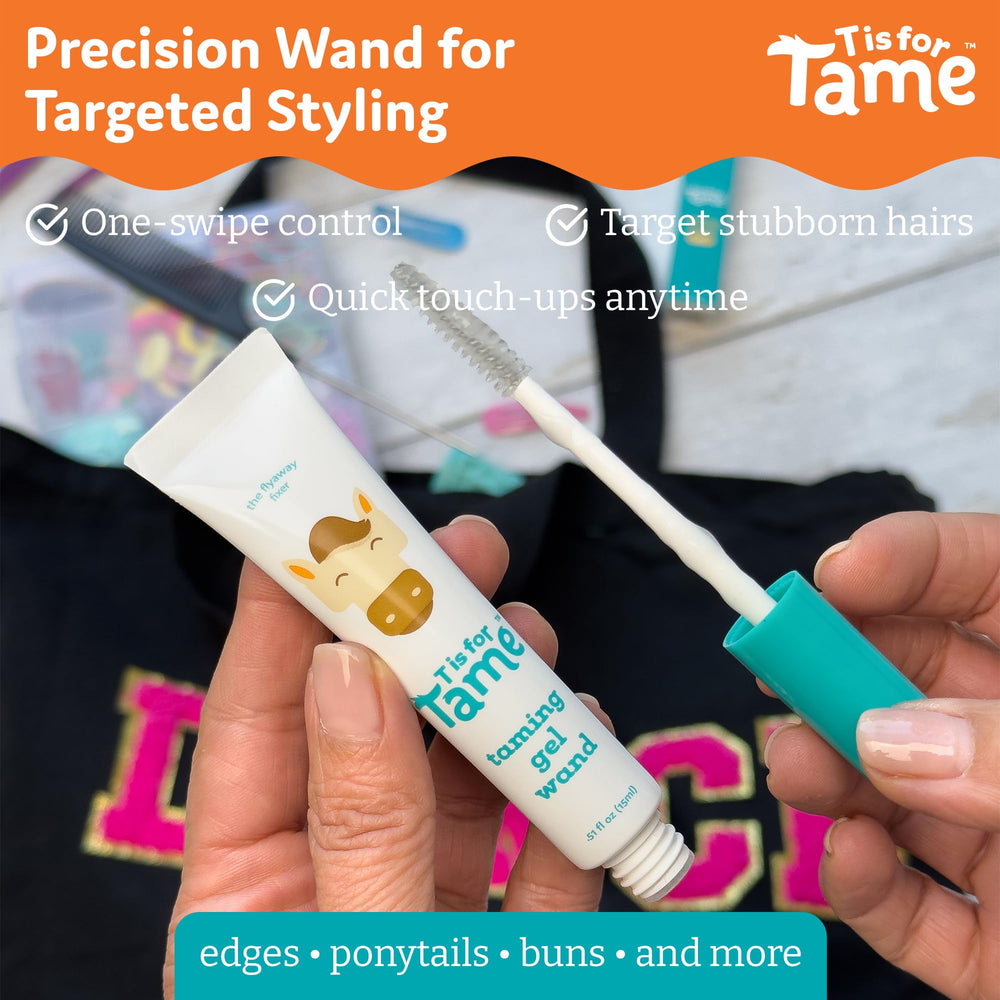 T is for Tame Taming Gel Wand tames baby hairs gently for all ages.