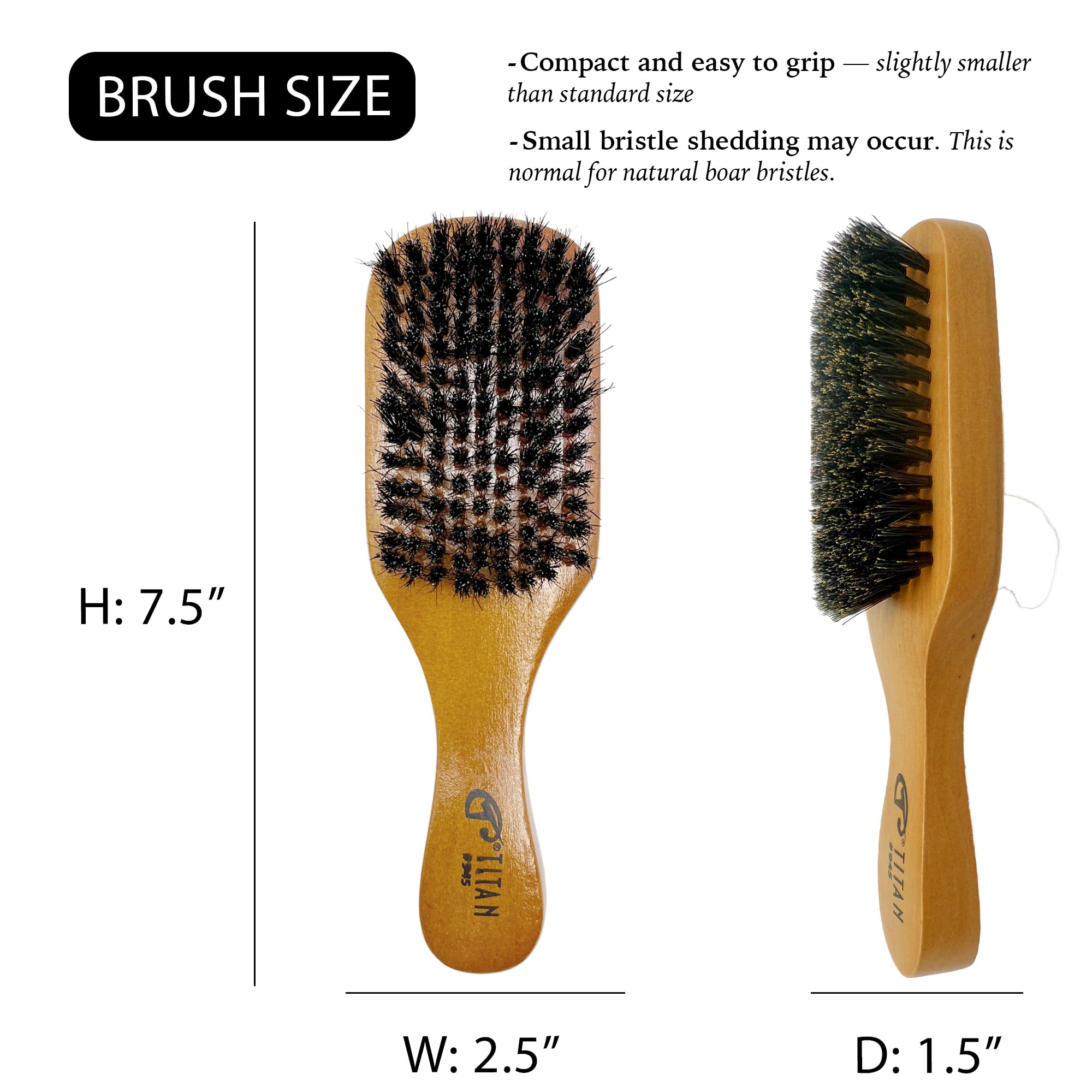 The wooden handle on the Titan Club Wave Brush provides a balanced grip for grooming.