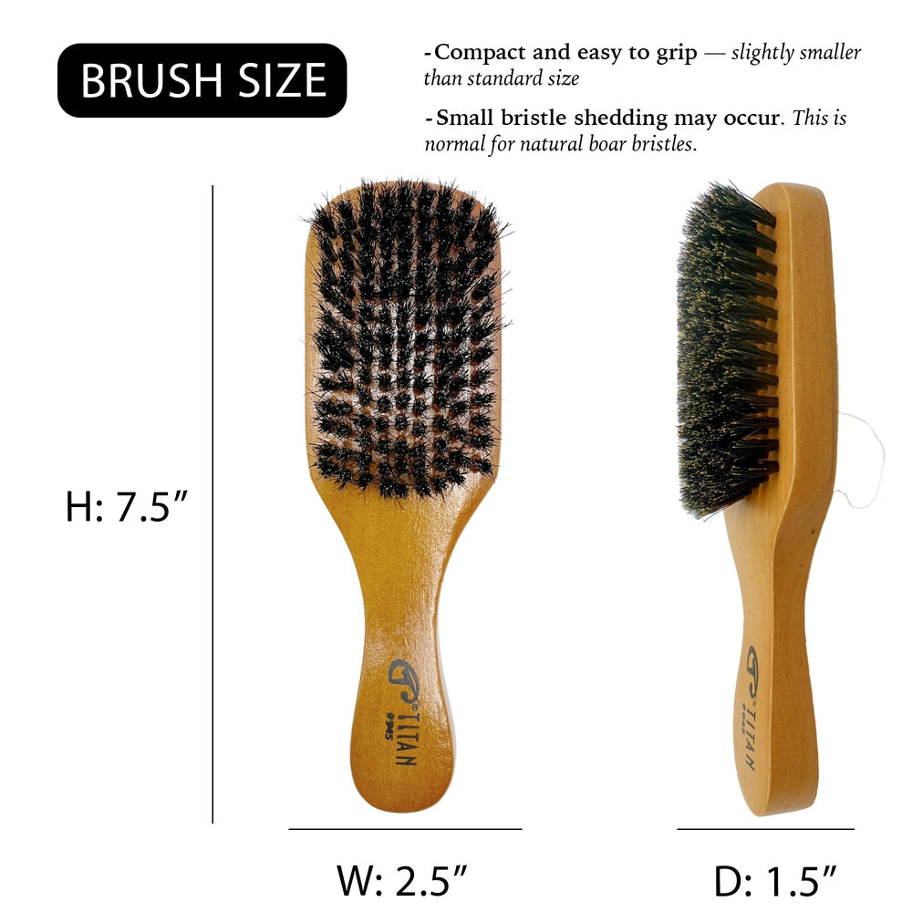 The wooden handle on the Titan Club Wave Brush provides a balanced grip for grooming.