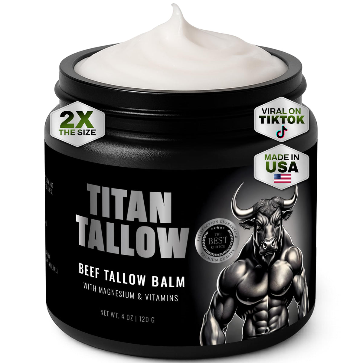 Titan Tallow balm jar close-up illustrating rich texture for deep hydration.