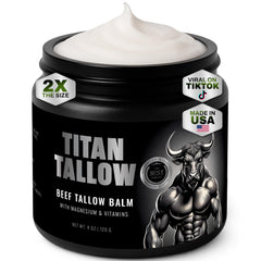 Titan Tallow balm jar close-up illustrating rich texture for deep hydration.
