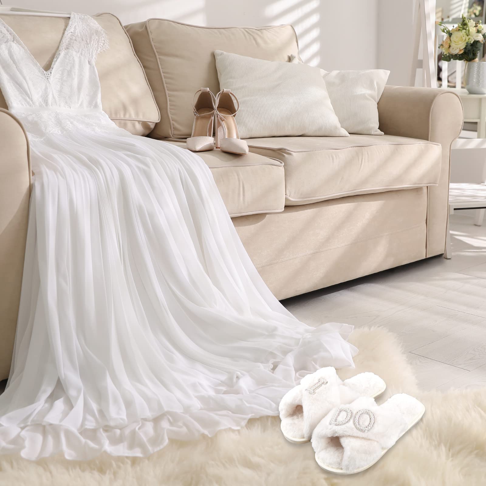 Tkifoda I Do white slippers with soft fleece lining for warmth and comfort.
