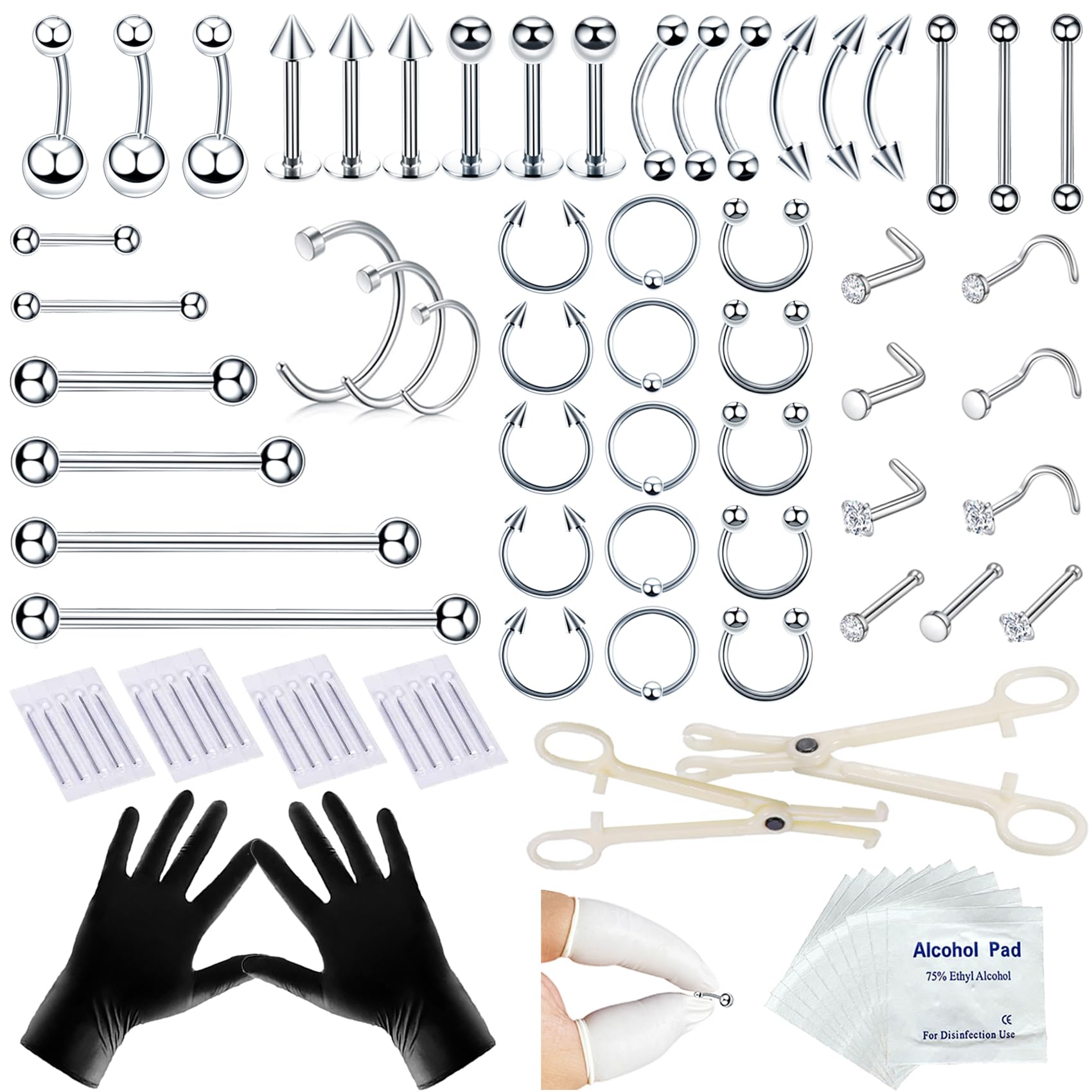 Kit TKKUY de piercing 80 piezas en acero 316L para uso profesional.
