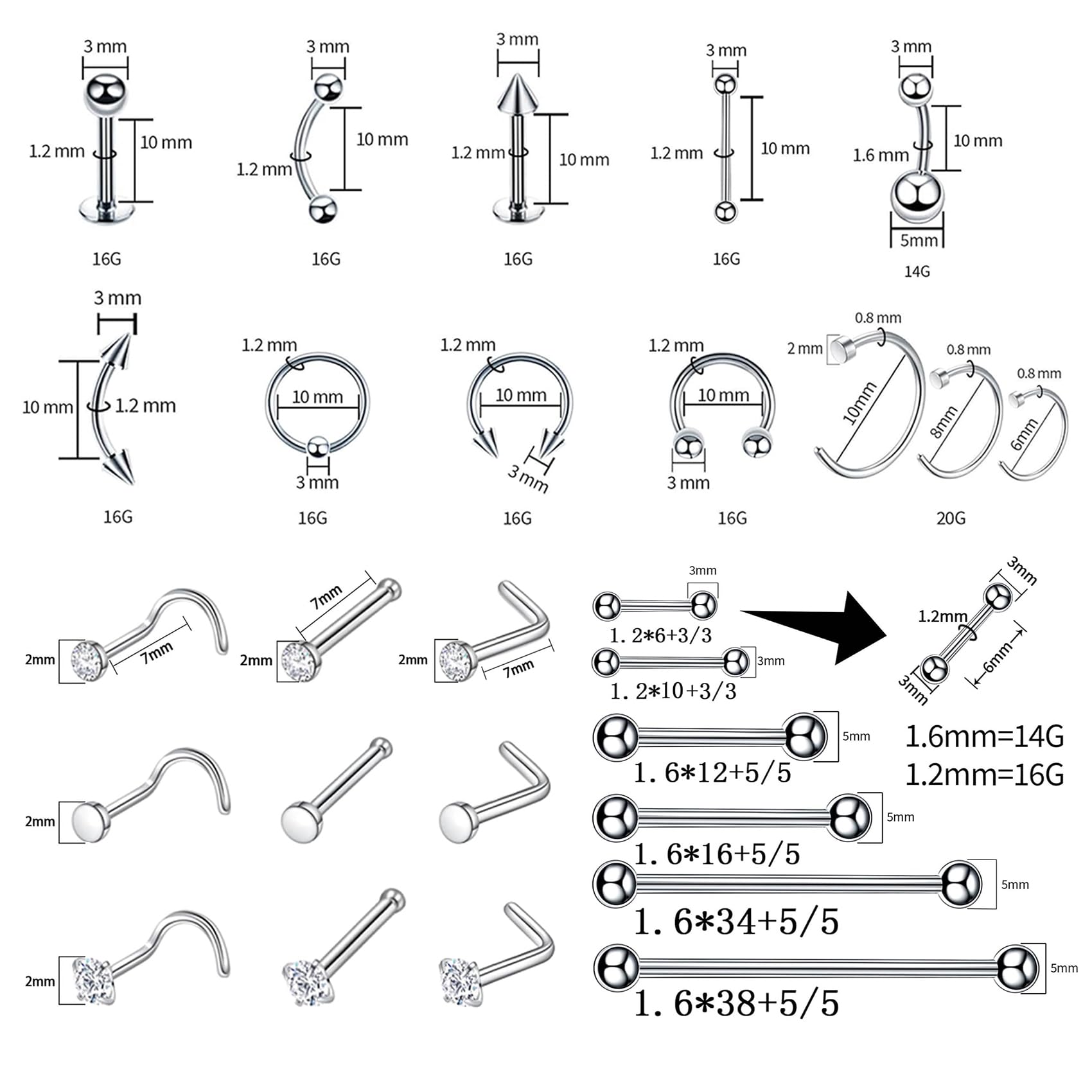 Barbell labret 16G de TKKUY en acero duradero para labios o cejas.