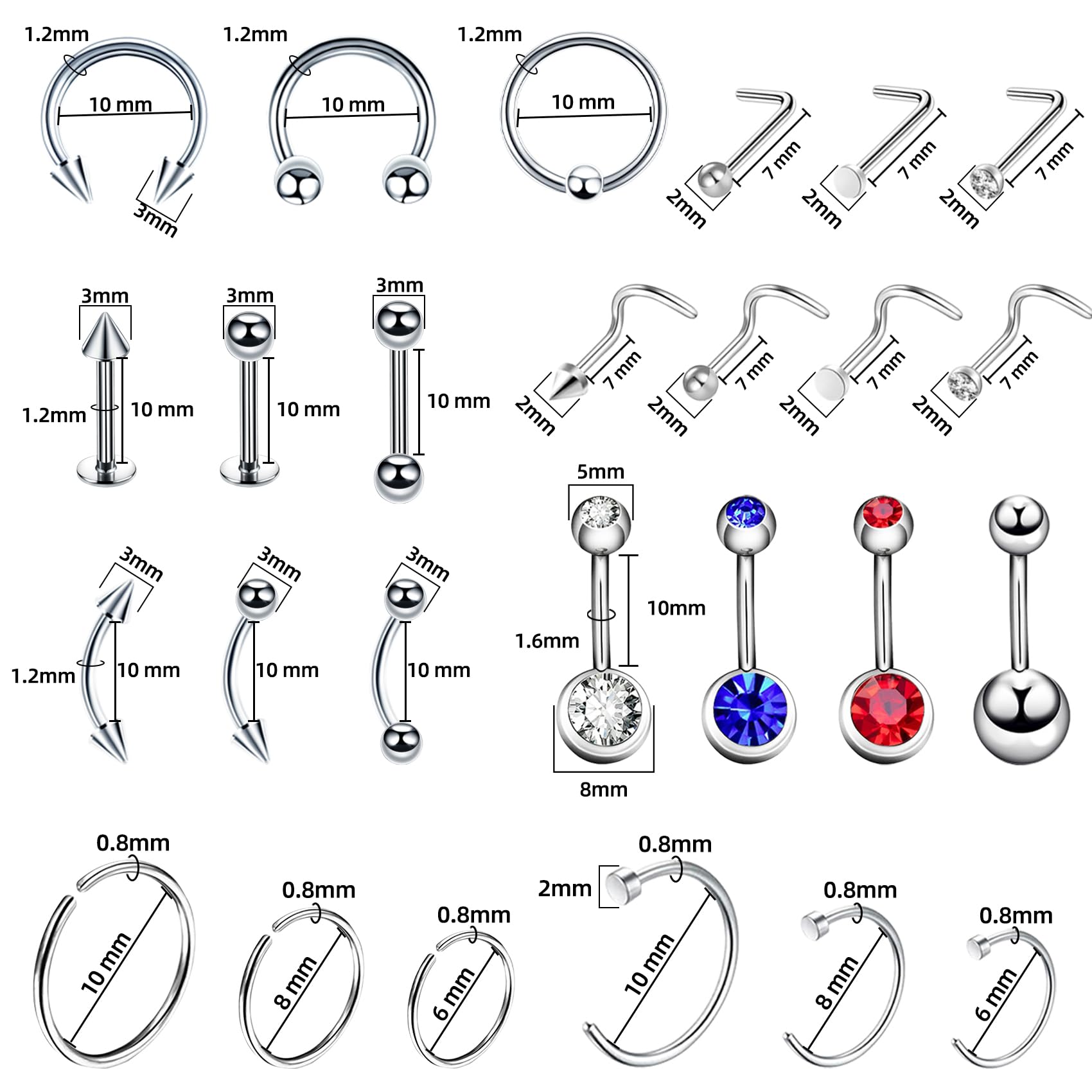 TKKUY multiple-gauges nose studs enable secure, comfortable fits.