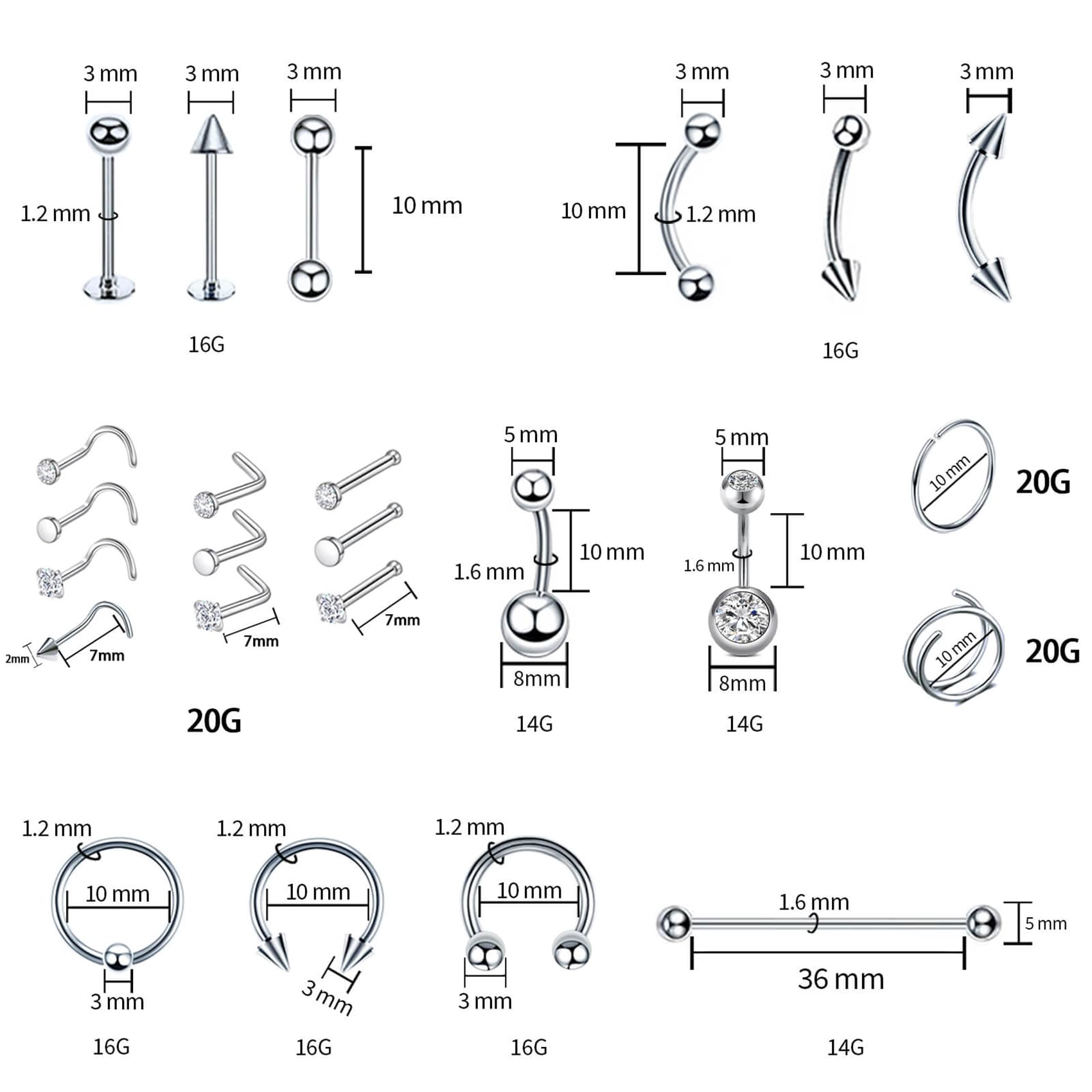 Kit de piercing TKKUY para oreja, opciones versátiles para múltiples zonas.