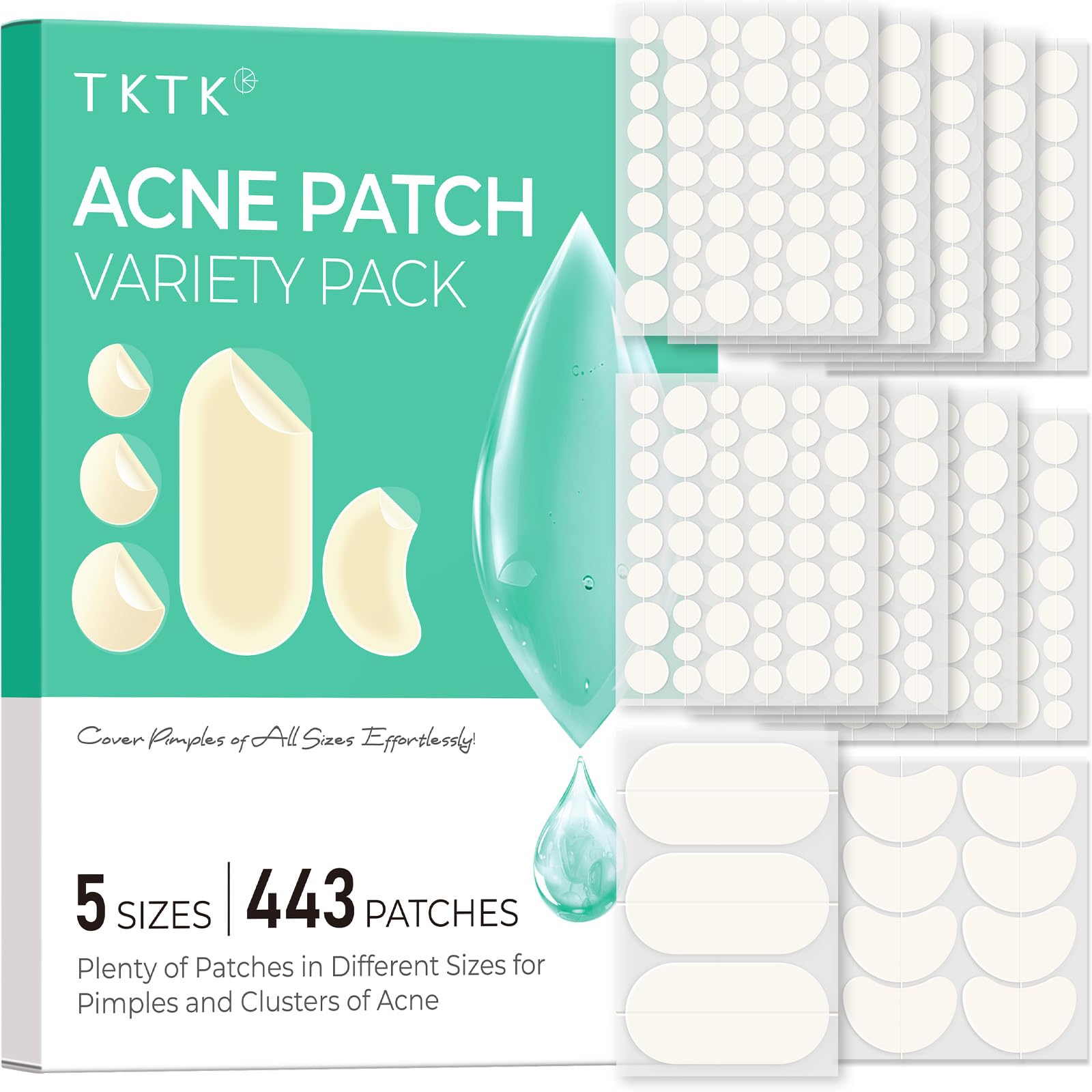 TKTK 443-count patches in dots offer discreet blemish coverage.