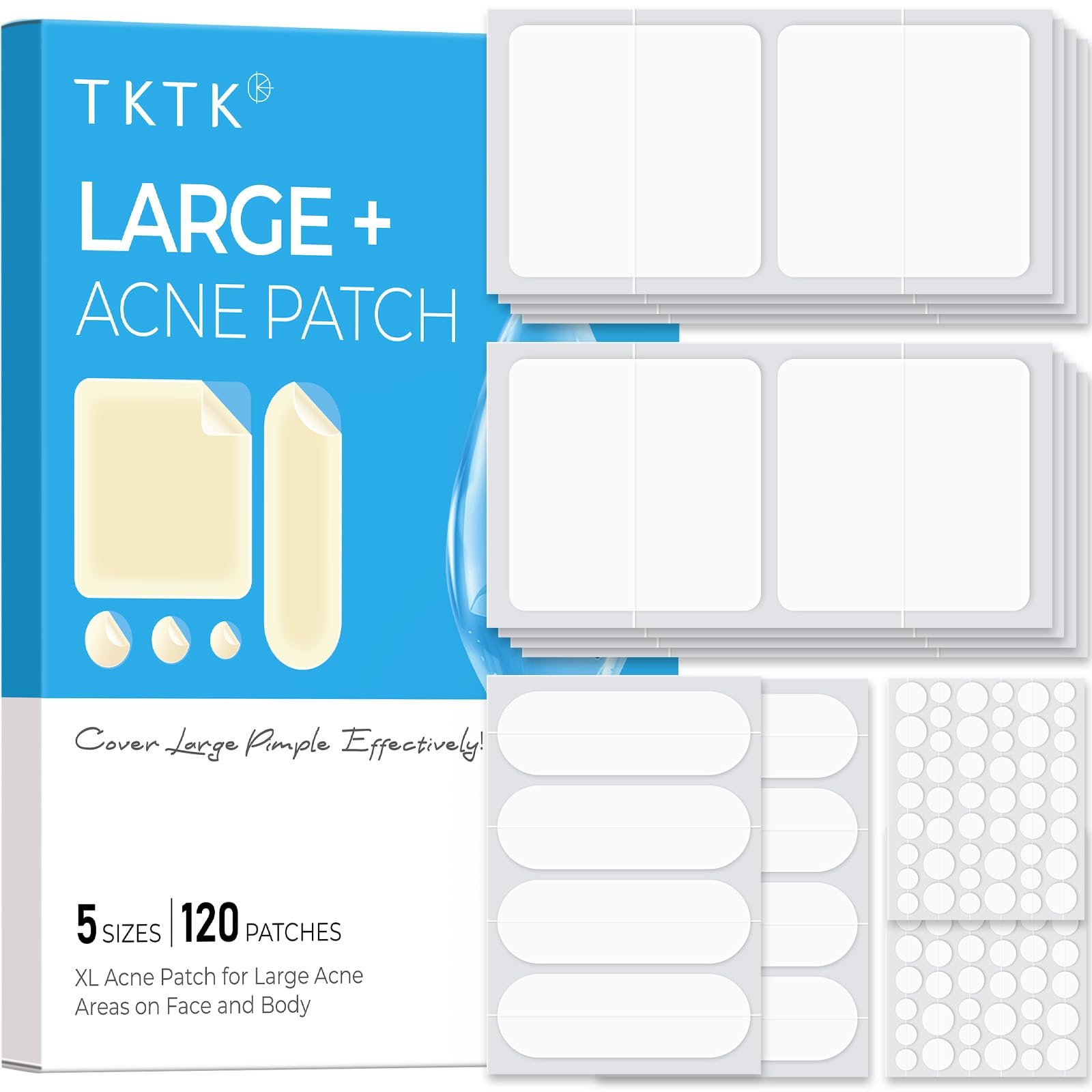 TKTK hydrocolloid square patch 45x45mm on skin for larger breakouts, discreet and breathable