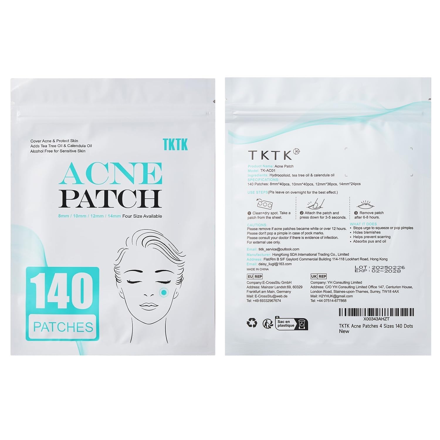 Parche TKTK con ingredientes naturales: árbol de té y caléndula para cuidado suave.
