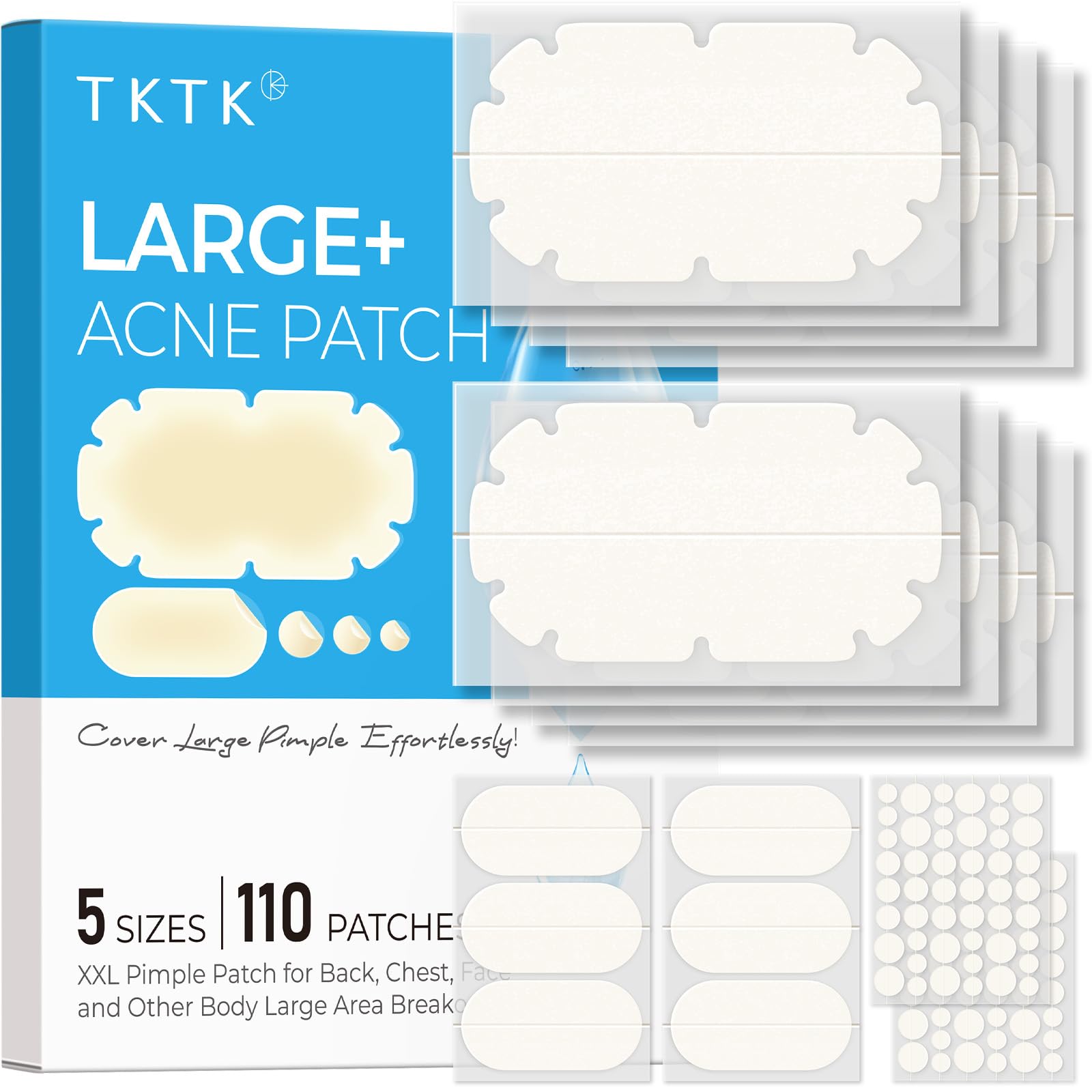 TKTK XXL body patch on back covers large acne areas for discreet protection.