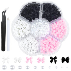 TKYZMS moño 3D para uñas en negro, blanco y rosa, diseño delicado.