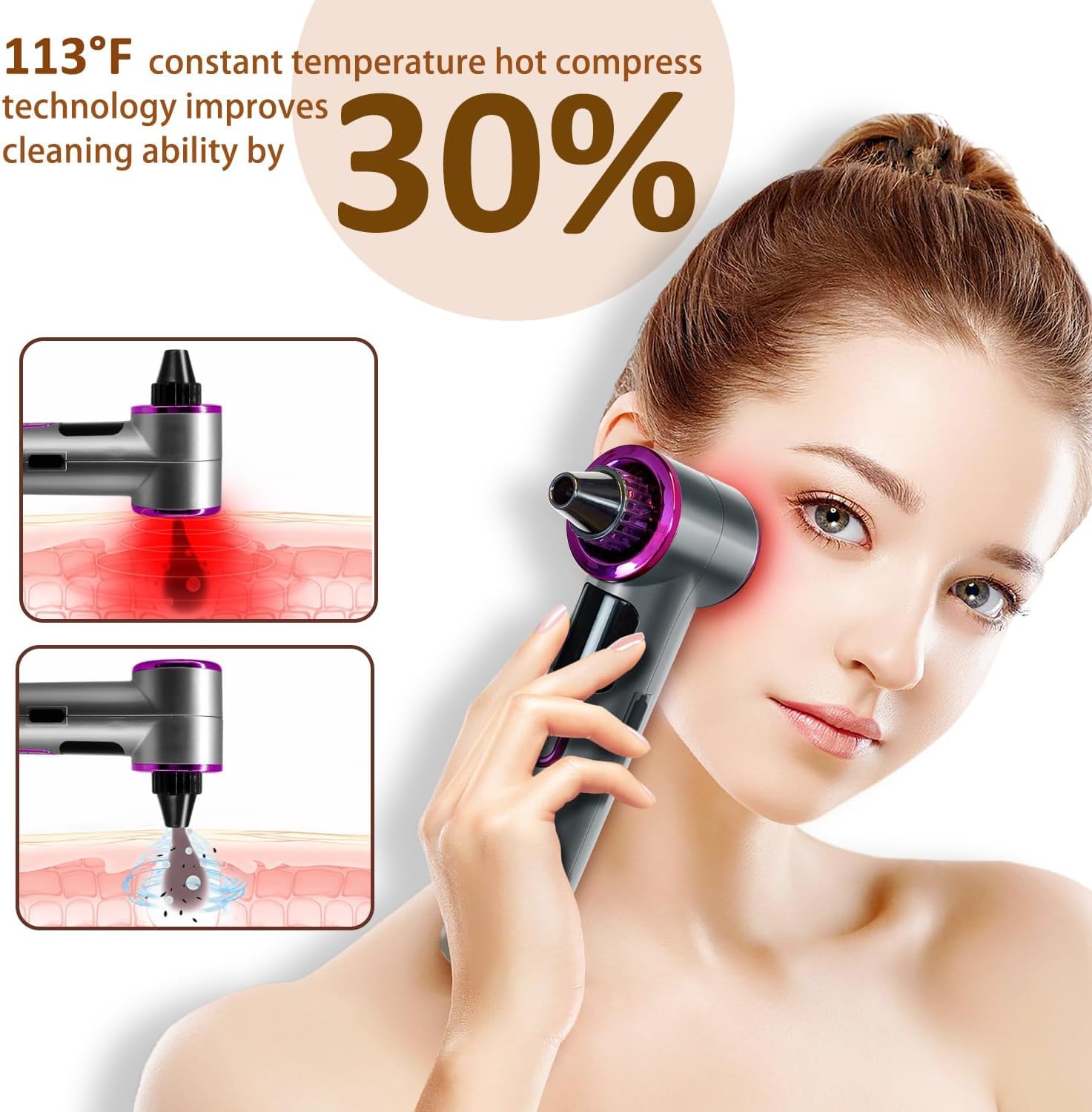 Tlettsteinkle blackhead remover vacuum suction levels shown for different skin types.