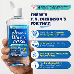 T.N. Dickinson's Witch Hazel bottle highlights alcohol-free formula and hydration benefits.