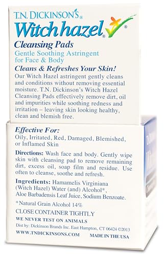 T.N. Dickinson's Witch Hazel Cleansing Pads packaging open showing 60 pads for daily routine