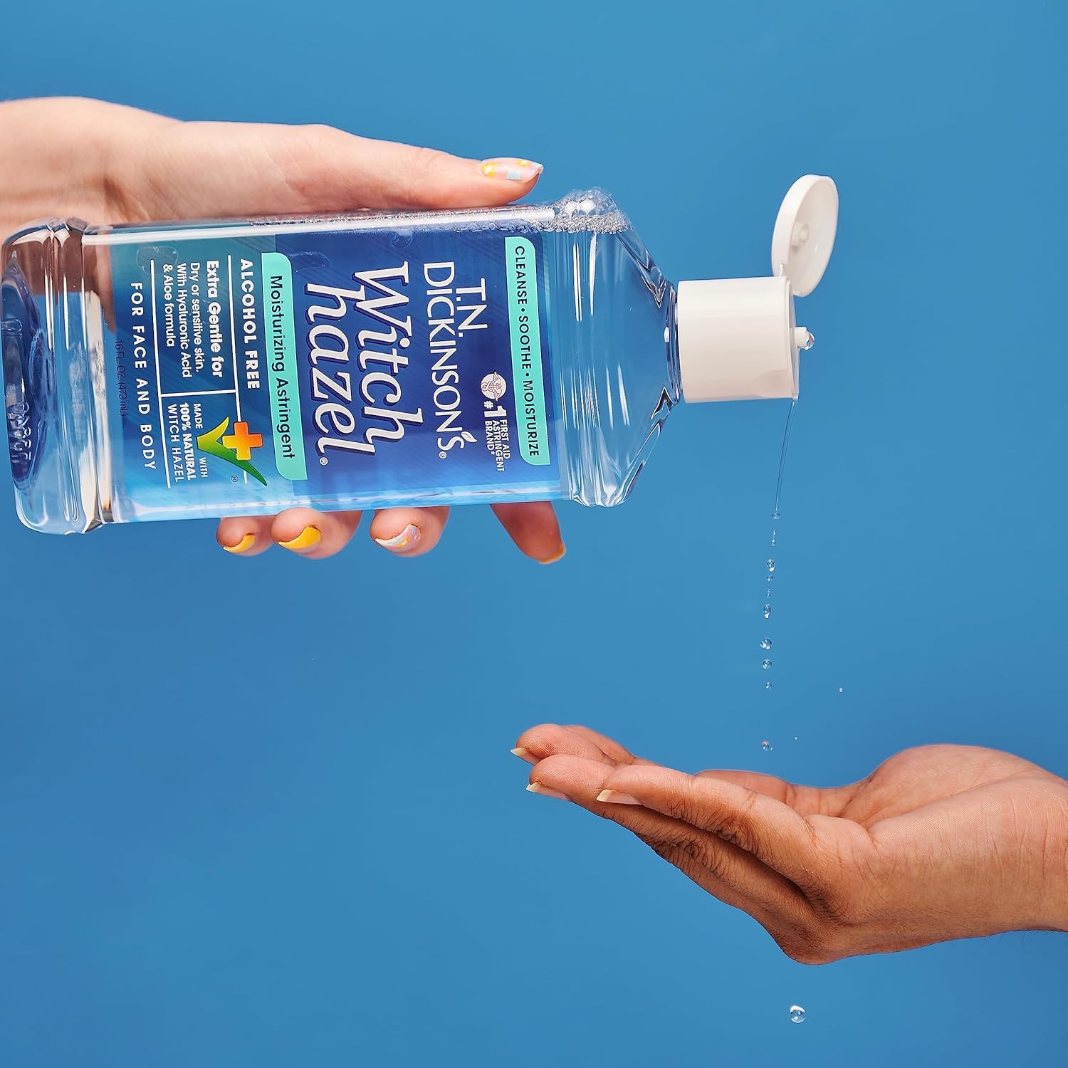 Pure formula badge on T.N. Dickinson's Witch Hazel bottle emphasizes purity.