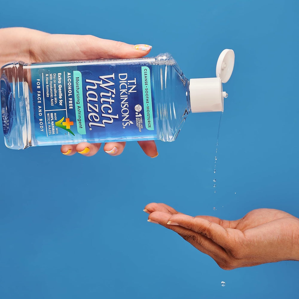 Pure formula badge on T.N. Dickinson's Witch Hazel bottle emphasizes purity.