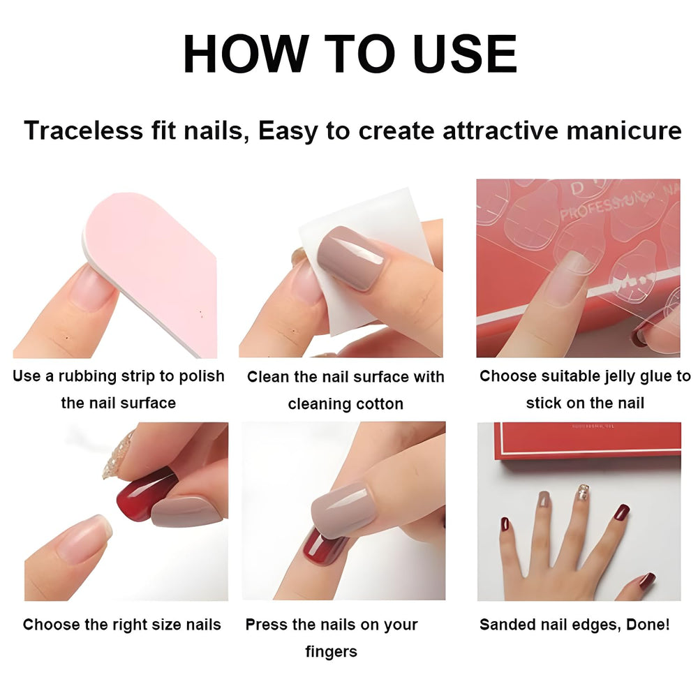 Aplicación fácil con adhesivo incluido de Tnbuokas para manicura rápida.