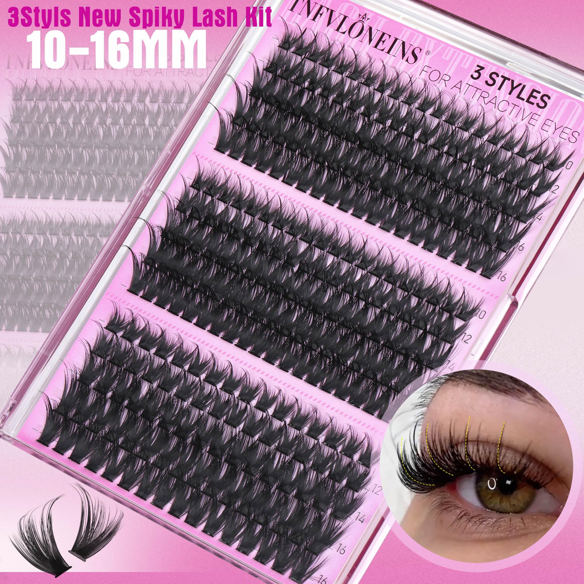 TNFVLONEINS D-volume cluster lashes enhance eye definition.