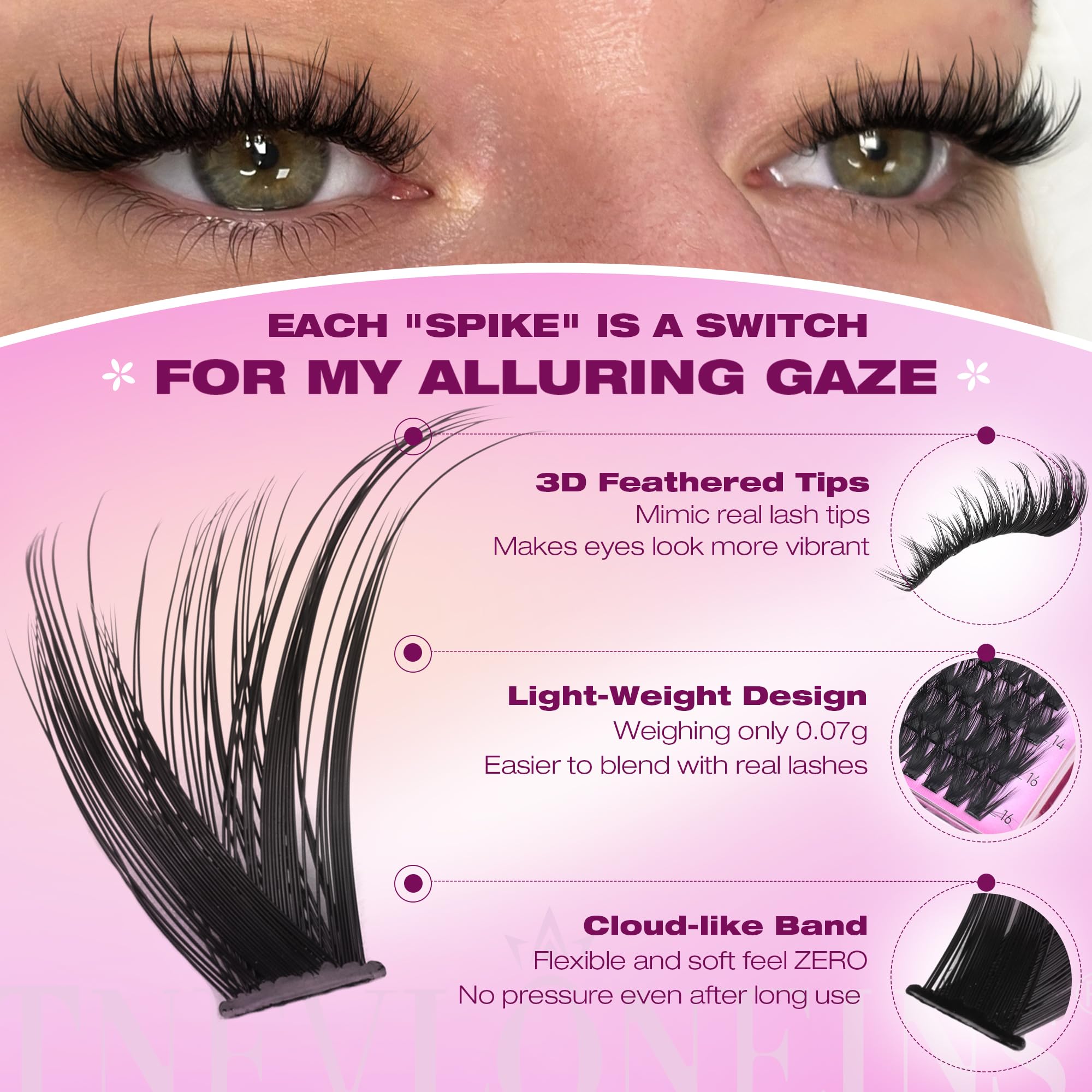 TNFVLONEINS soft fiber lash clusters feel gentle on skin.
