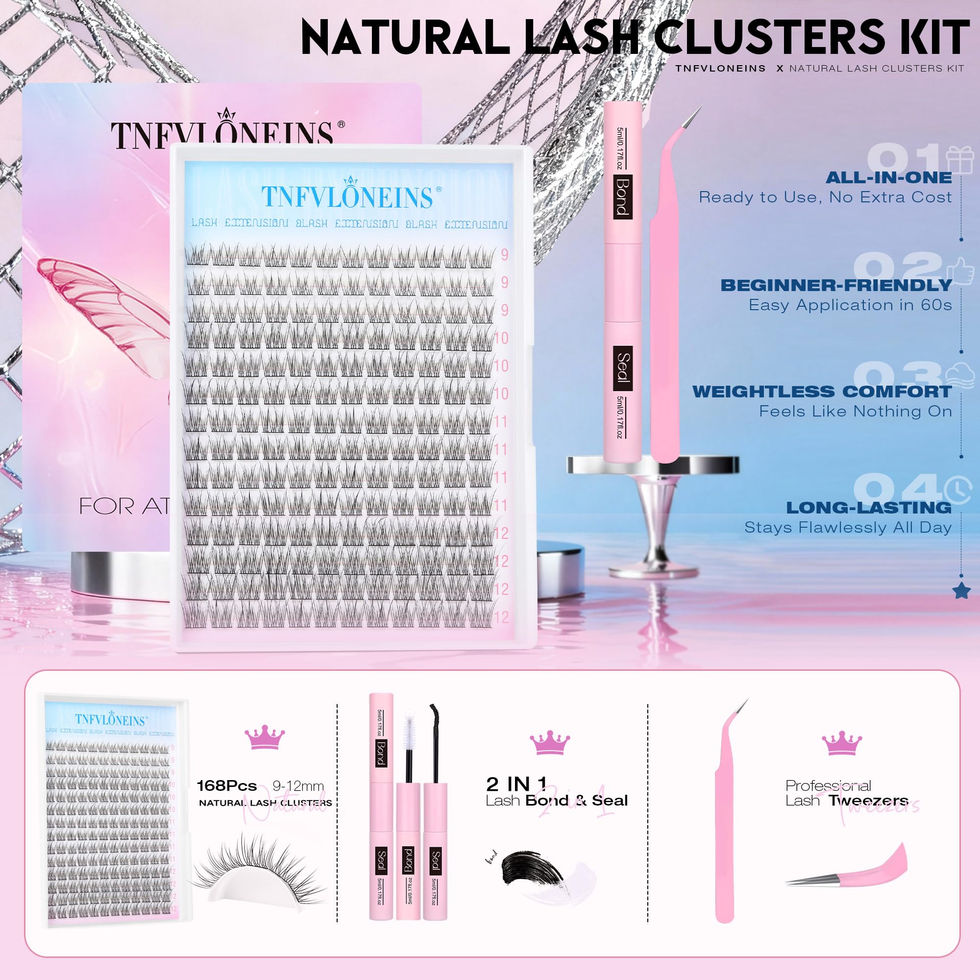 TNFVLONEINS wispy cluster lashes 9-12mm for effortless daily glam.