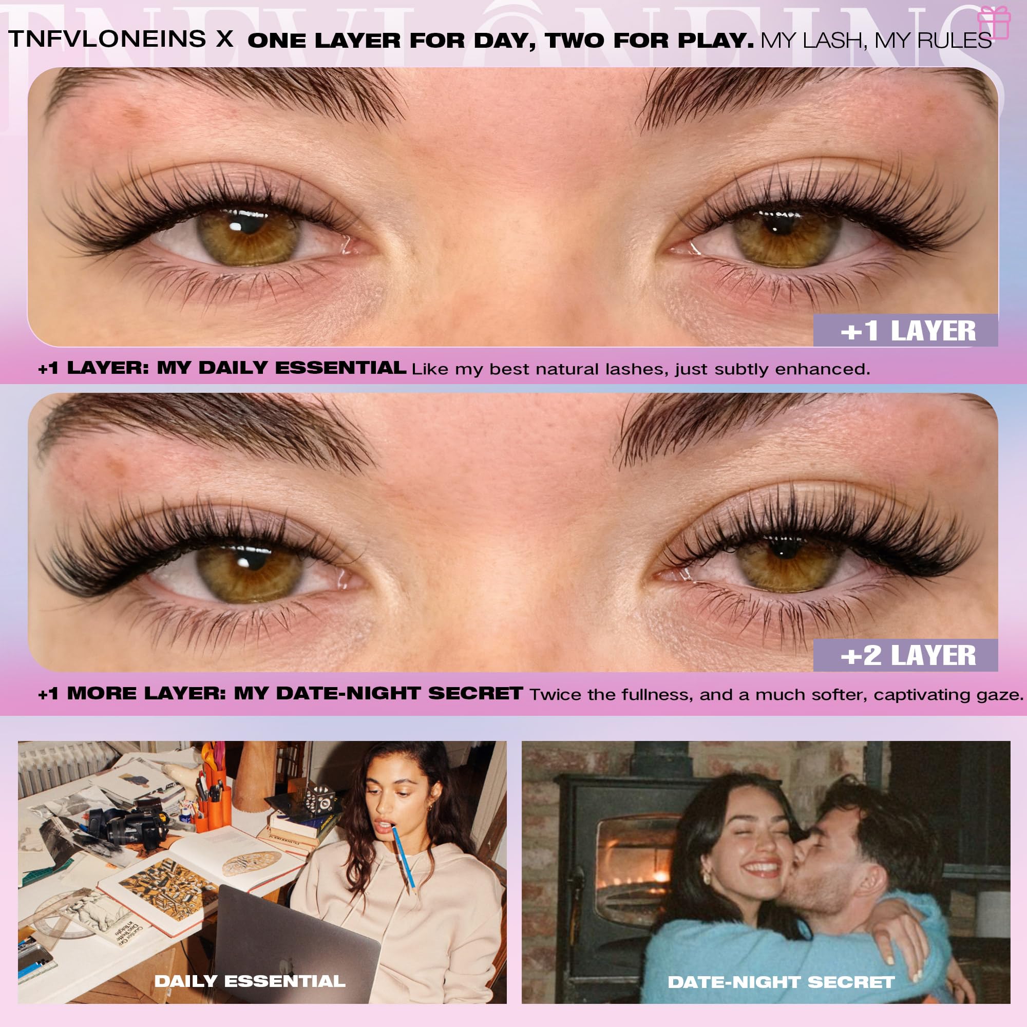 TNFVLONEINS wispy lash clusters closeup for a soft, natural eye enhancement.