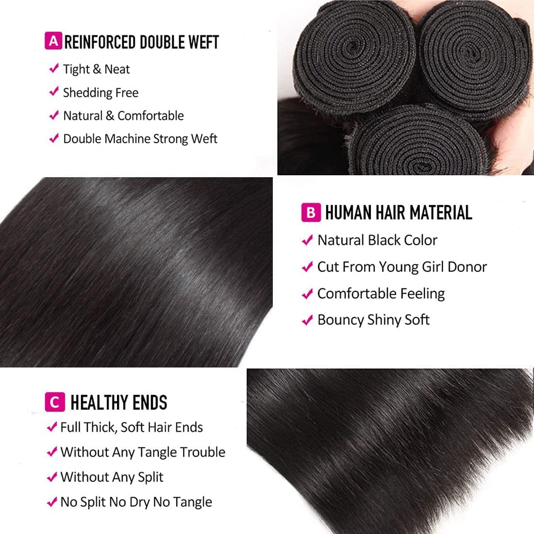 TNICE Brazilian straight hair close-up weft reveals natural shine and integrity.