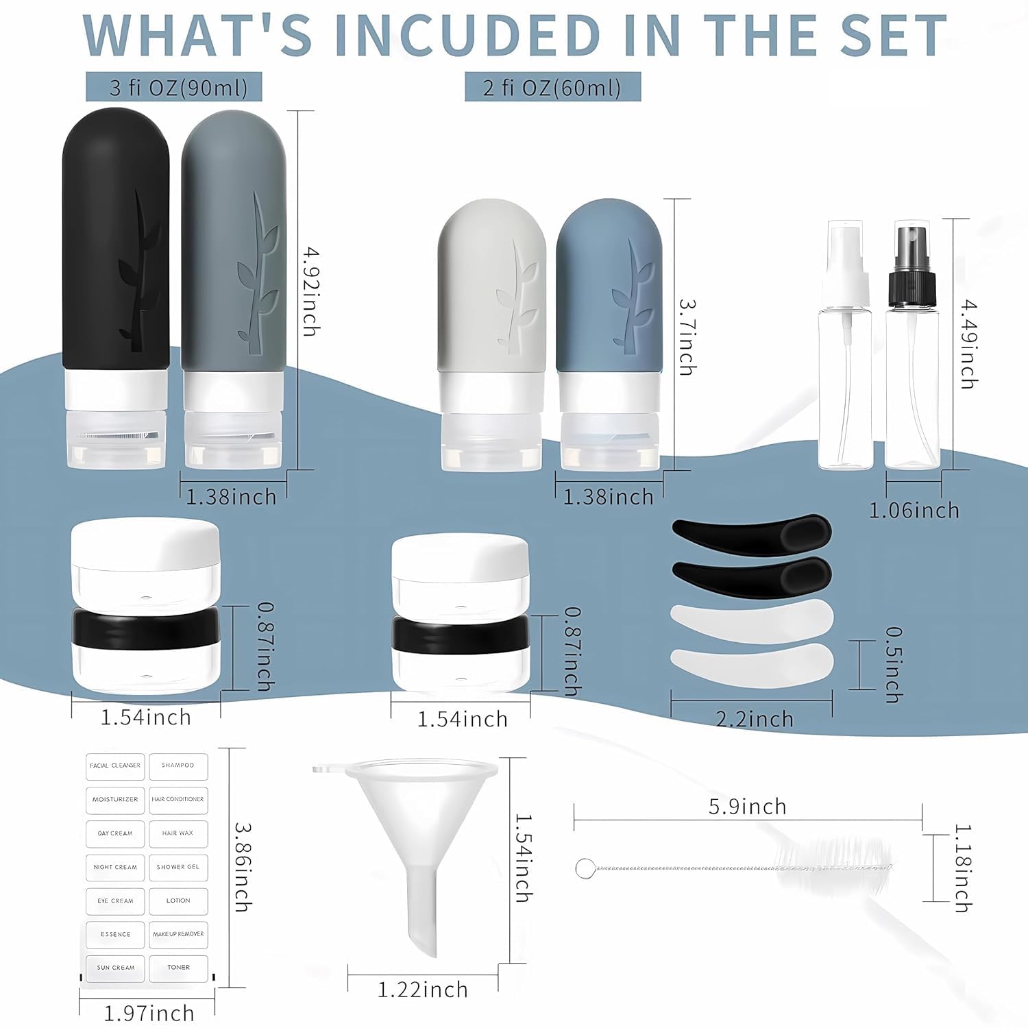 Tocelffe 2 oz silicone bottles for travel-sized liquids.